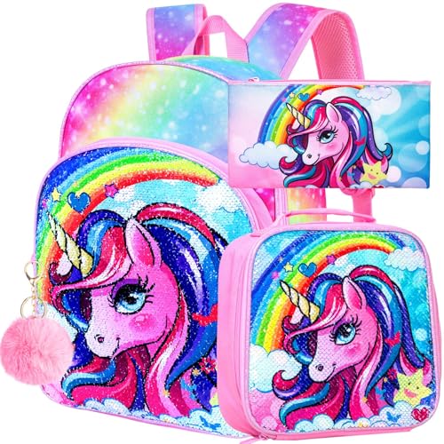 FTJCF 3PCS Unicorn Backpack, 16' Girls Rainbow Sequins Kids Bookbag with Lunch Box, School Bags for Elementary Preschool Kindergarten - Pink