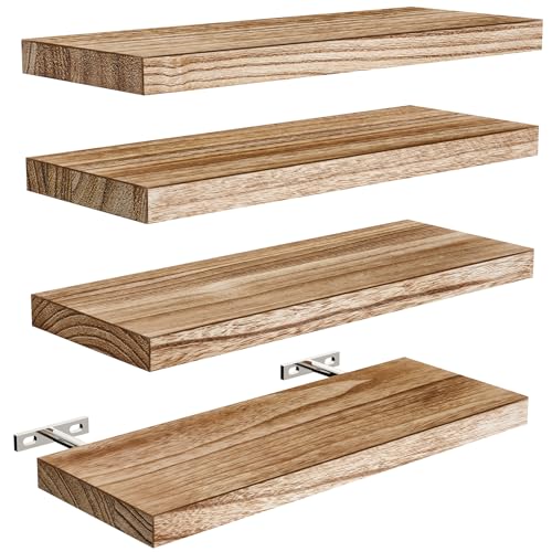 AMADA HOMEFURNISHING Floating Shelves, Paulownia Wood Wall Shelves for Bathroom/Living Room/Bedroom/Kitchen/Home Office, Natural Wood Floating Shelf for Home Storage & Organization, Set of 4, AMFS40