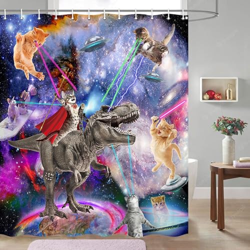JAWO Cat Shower Curtain, Cool Funny Cat Riding Dinosaur On Fantasy Galaxy Hilarious Shower Curtain, Funny Outer Space Universe Boys Kids Shower Curtain Bathroom Decor Set with Hooks(70X70 inch)