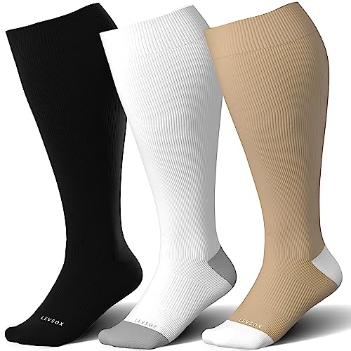 LEVSOX Plus Size Compression Socks for Women&Men Wide Calf 15-20 mmHg Knee High Extra Large Calf Support Socks for Nurse, Medical, Travel, Black, White, Wheat