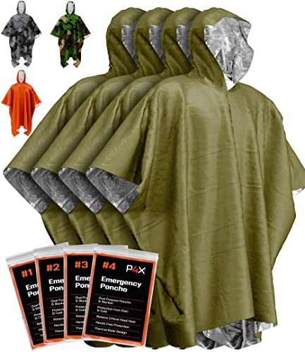 PREPARED4X Emergency Poncho Blanket with Mylar Blanket Liner - Survival Blankets for Car - Heavy Duty, Waterproof Camping Gear– 4 Pack (Green)