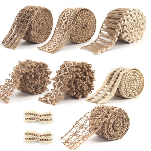 VGOODALL 7 Pack Jute Ribbons, Rustic Ribbons Lace Craft Ribbon Net Burlap Fabric for DIY Sewing Craft Gifts Wrapping Party Holiday and Rustic Wedding Decoration (Total Length: 14 Meters)