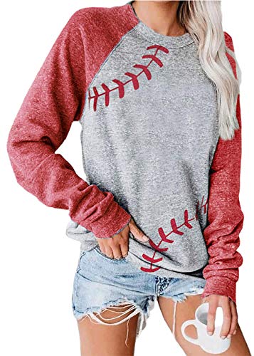 ETATNG Womens Raglan Baseball T-Shirts Crewneck Long Sleeve Patchwork Pullover Casual Tops Red L