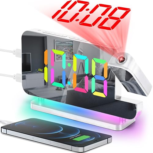 SZELAM Projection Alarm Clock,7.4' LED Mirror Digital Clocks Large Display,with 180° Rotatable Projector,RGB Night Light,USB C Port,Auto Dimming,Modern Desk Clock for Bedroom Decor - White