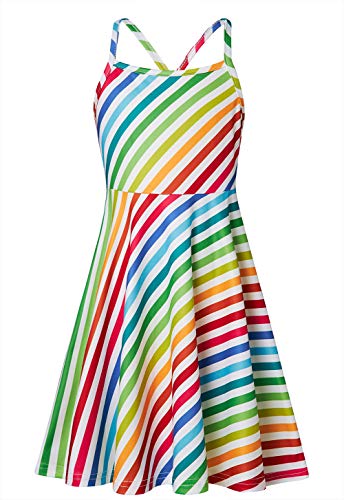 Loveternal Rainbow Dresses for Girls Size 7 Summer Casual Stripe Sundress Kids Twirly Vintage Swing Dresses Backless Cami Dresses Medium Colorful Strip Vacation Girls Dress Size 6-7