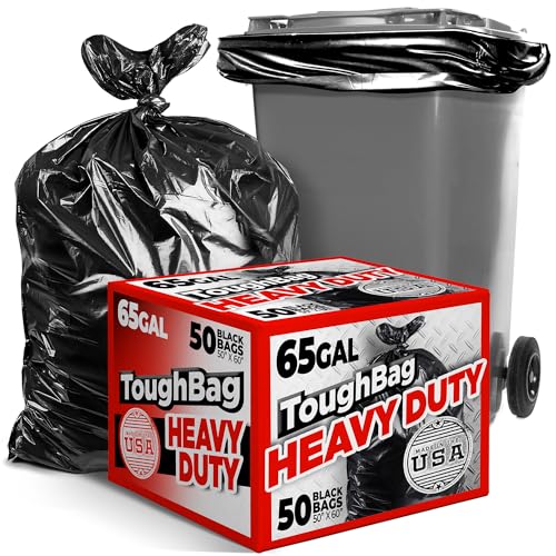 ToughBag 65 Gallon Industrial Trash Bags, 50 x 60” Large Black Garbage Bags, Toter Liner (50 COUNT) – Outdoor Garbage Can Liner for Custodians, Landscapers, Contractors - Made In USA