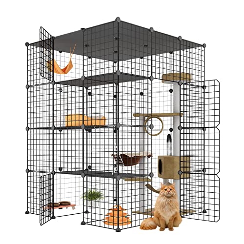 Eiiel Large Cat Cage, Cat Enclosures Indoor with Balcony, DIY Cat Playpen Detachable Metal Wire Kennels Crate 3x3x4 Large Exercise Place Ideal for 1-3 Cat