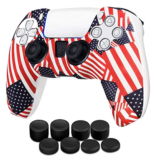 TNP Controller Cover Skin Case + 8 Thumb Grips Set Compatible with Sony PS5 Playstation 5 - Protective Soft Silicone Gel & Anti-Slip Stick Caps Accessories for Video Games Gamepad (US Flag)