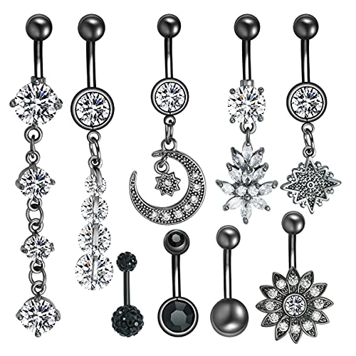 K&Y 9 Pcs 14G Belly Button Rings barbell stud body piercing jewelry stainless body piercing jewelry set for women (Black)