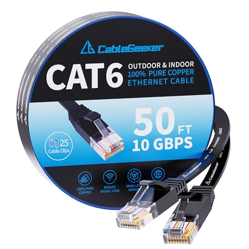 Cat 6 Ethernet Cable 50 ft (at a Cat5e Price but Higher Bandwidth) Flat 10Gbps Internet Network Cable - Cat6 Ethernet Patch Cable Short - Black Computer LAN Cable + Free Cable Clips and Straps
