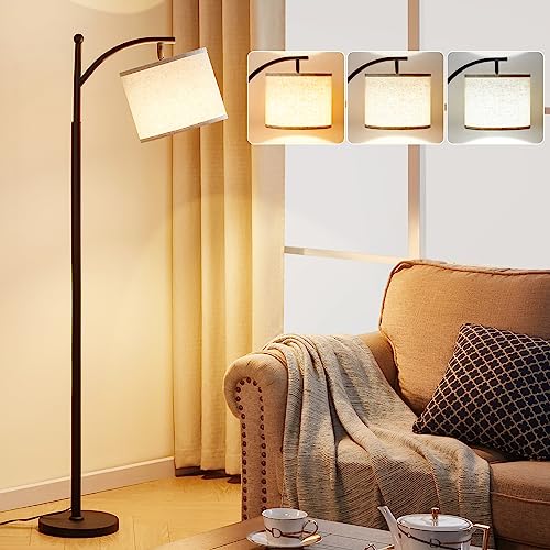 Ambimall Floor Lamp for Living Room with 3 Color Temperatures LED Bulb, Beige Lampshade & Foot Switch Included, Easy to Install, 9W Bulb Included