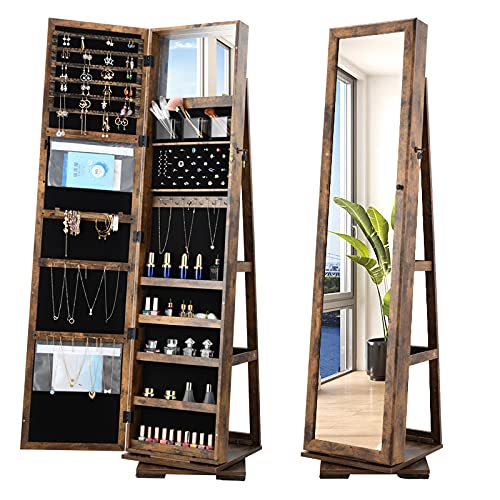 OUTDOOR DOIT 360° Rotating 66'' Jewelry Armoire with Lockable,Full Length Mirror Large Capacity Jewelry Organizer Armoire,Floor Standing Mirror with Back Storage Shelves for Bedroom, Cloakroom