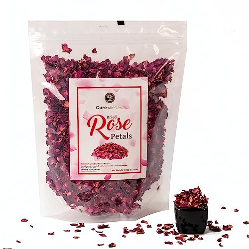 Cure wid Pure Dried Rose Petals 4oz/114g Edible Flowers for Cocktails,Garnishing & Drinks Natural Dried Roses for Tea,Baking,Desserts,Bread,Cake,Bath,DIY Skincare Edible Rose Petals in Resealable Bag