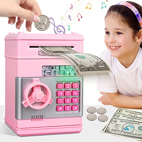 MAGIBX Piggy Bank Toys for 5 6 7 8 9 10 Year Old Girl Gifts, Money Saving Box for Teen Toys Age 6-8-10-12, Christmas Birthday Gifts, Stuff ATM Machine for Kids 5-7, Pink