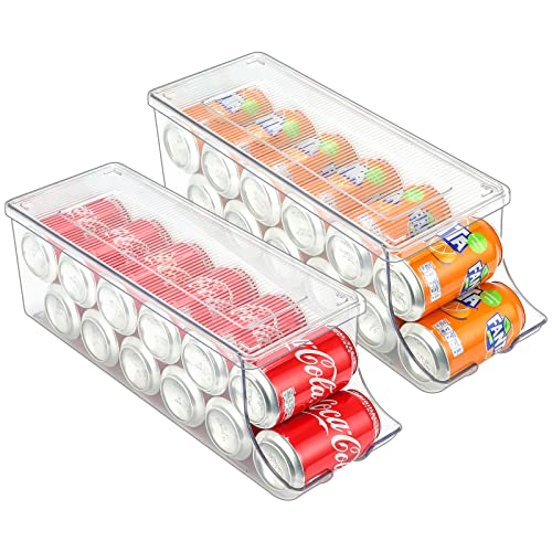Puricon 2 Pack Soda Can Organizer Dispenser for Refrigerator, Clear Plastic Canned Food Pop Beverage Container Holder Storage Bin with Lid for Freezer Rack Pantry Cabinet Cupboard Kitchen -Standard