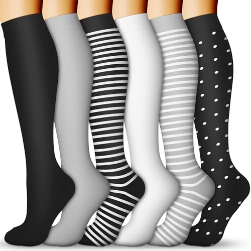 Compression Socks for Women & Men 15-20 mmHg, Best Medical, Nursing, for Running, Athletic, Edema, Diabetic, Varicose Veins, Travel, 0 Black/White/Black/Gray/Black/White, Large/X-Large