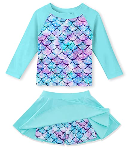 Mermaid 2 Piece Swimsuit for Girls 5-6 Years Long Sleeve Rash Guard Swimwea Two Piece Bathing Suit with Swim Skirt Set