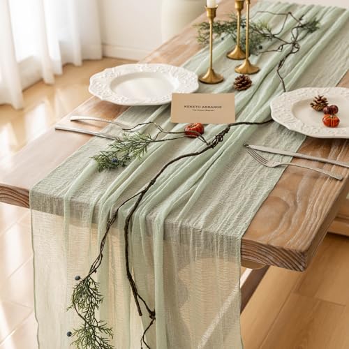 Keketo Cheesecloth Table Runner Sage Green Gauze 120 Inch 10 FT Rustic Boho Cheese Cloth Table Runner for Wedding Baby Shower Bridal Shower Party Sheer Centerpiece Spring Summer Home Decorations