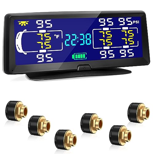 Hieha Rv Tire Pressure Monitoring System, 7.84” Solar TPMS for Rv Travel Trailer Coach Truck Fifth Wheel Motorhome with 6 Sensors, Real-time Monitoring Pressure and Temperature(0~198PSI)