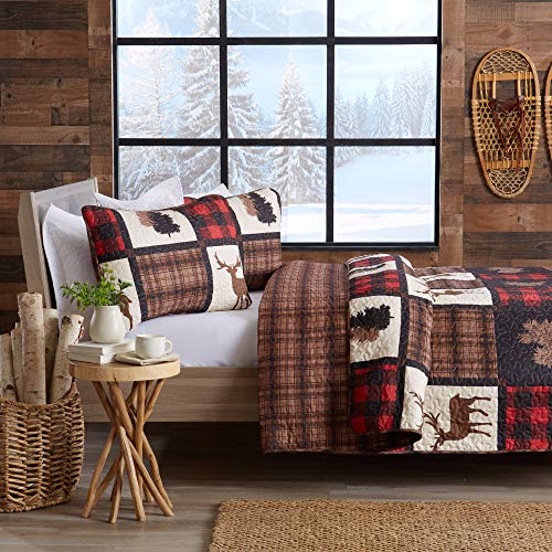 Great Bay Home Lodge Bedspread Twin Size Quilt with 1 Sham. Cabin 2-Piece Reversible All Season Quilt Set. Rustic Quilt Coverlet Bed Set. Stonehurst Collection. (Red/Black)
