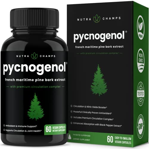 Pycnogenol French Maritime Pine Bark Extract | Premium Circulation Complex | Blood Flow, Nitric Oxide Production | Superior Absorption, Results with Black Pepper Extract | Vegan, Non-GMO | 60 Capsules