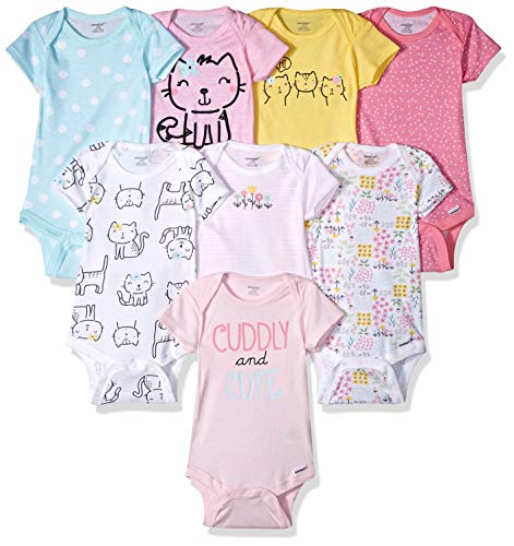 Onesies Brand Baby Girl's 8-Pack Short Sleeve Mix & Match Bodysuits, Cuddly Cats & Flowers, 12 Months