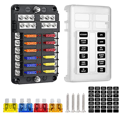 Deyooxi 12 Way 12V Blade Fuse Block,12 Circuit ATC/ATO Fuse Box Holder with LED Indicator Waterpoof Cover for 12V/24V Automotive Truck Boat Marine RV Van Vehicle (with 16 pcs Fuse)