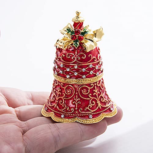 YU FENG Hinged Christmas Bell Trinket Box Rhinestones Jeweled Chinese Red Painted Enameled Jewelry Ring Holder Boxes Collection