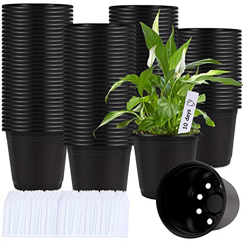 Augshy 110 Pcs 0.5 Gallon Black Plastic Plant Nursery Pots 6 Inches Seed Starting Pots Containers with 110 Labels
