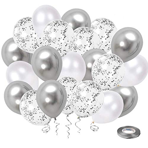 White Silver Confetti Latex Balloons, 50 Pack 12inch Silver Metallic Chrome Party Balloon Set with Silver Ribbon for Wedding Birthday Baby Shower Decorations