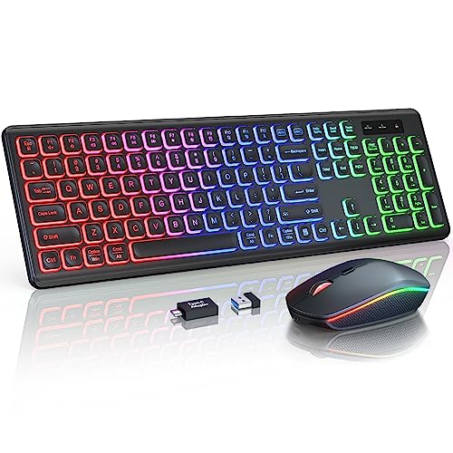 Wireless Keyboard and Mouse Combo - RGB Backlit, Rechargeable & Light Up Letters, Full-Size, Ergonomic Tilt Angle, Sleep Mode, 2.4GHz Quiet Mouse for Mac, Windows, Laptop, PC, Trueque (Black)