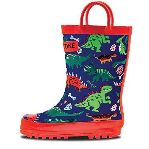 Lone Cone Rain Boots with Easy-On Handles in Fun Patterns for Toddlers and Kids, Puddle-a-Saurus Dinosaur, 6 Toddler