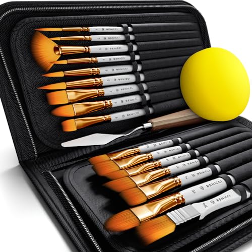 16 Pieces Premium Artist Paint Brush Set - Includes Palette Knife, Sponge, Organizing Case - Painting Brushes for Kids, Adults & Professionals - Perfect for Your Watercolor, Oil, Acrylic Painting Art