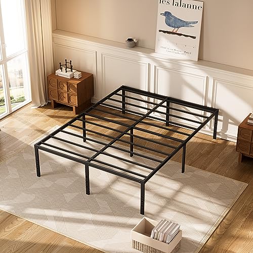 Jebosam Queen Bed Frame No Box Spring Needed 14 inch Heavy Duty Metal Platform Steel Support 2500 lbs Bed Frame Queen Size Non-Slip Noise Free Black Metal Bed Frame Queen Size