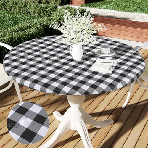 smiry Round Picnic Table Cloth, Elastic Waterproof Fitted Vinyl Tablecloth for 36'-44' Tables, Flannel Backed Buffalo Plaid Table Covers for Dining, Camping, Outdoor, Black and White