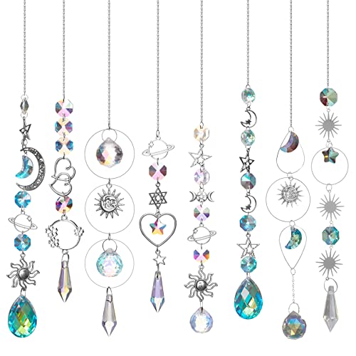 HAUTOCO 8PCS Crystal Suncatchers for Window Hanging Colorful Sun Catchers Indoor Outdoor with Chain, Rainbow Maker Crystals Prisms Decor Handmade Suncatcher for Home Garden Wedding Party Xmas Gift