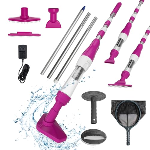 YSMJ 5 in 1 Cordless Rechargeable Pool Vacuum, Handheld Pool Cleaner Ideal for Spas, Hot Tubs and Small Pools for Sand and Debris Purple with 3X Cleaning Handtools Pool Brush Pool Skimmer net