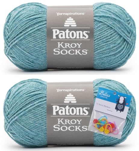 Patons Kroy Socks Yarn 2-Pack Bundle with Bella's Crafts Stitch Markers (Saltwater)