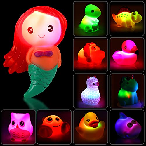 12 PCS Light Up Bath Toys with Duck Mesh Tub Storage Organizer, Toddler Flashing Color Changing LED Bathtub Mermaid Toy in Water for Kids