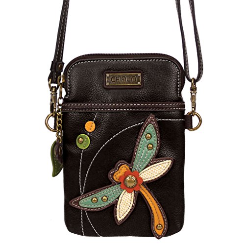 CHALA Cell Phone Crossbody Purse-Women PU Leather/Canvas Multicolor Handbag with Adjustable Strap - Dragonfly - black