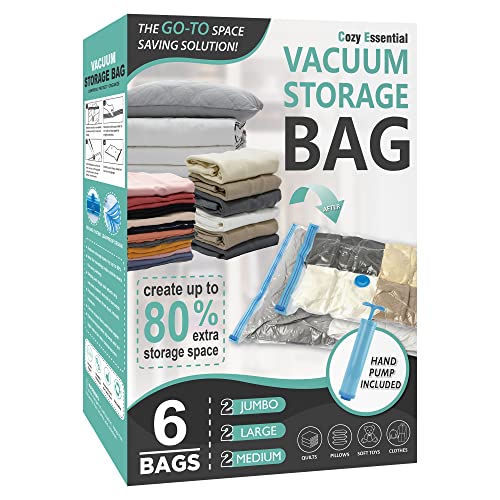 6 Pack Vacuum Storage Bags, Space Saver Bags (2 Jumbo/2 Large/2 Medium) Compression Storage Bags for Comforters and Blankets, Vacuum Sealer Bags for Clothes Storage, Hand Pump Included