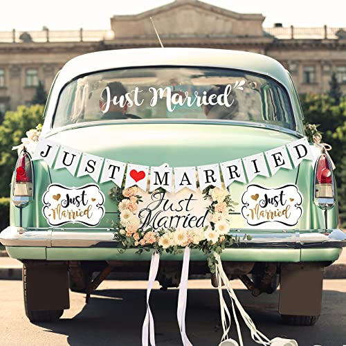 4 Sets Just Married Car Decorations Just Married Ornate Car Magnets 12 x 7.5, Just Married Car Wedding Day Car Window Decals 5.1 x 22.4, Just Married Sign Banner Car Decorations for Honeymoon Wedding
