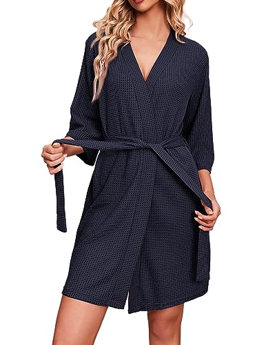 Ekouaer Robes for Women Waffle Knit Bathrobe Soft Lightweight Knee Length Loungewear