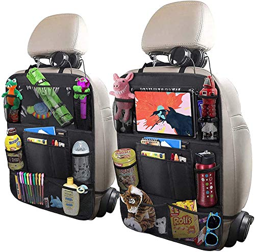 ULEEKA Car Backseat Organizer with 10' Table Holder, 9 Storage Pockets Seat Back Protectors Kick Mats for Kids Toddlers, Travel Accessories, 2 Pack