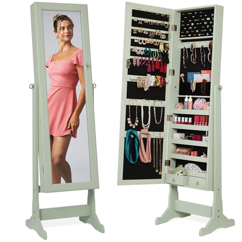 Best Choice Products Freestanding Jewelry Armoire Cabinet, Full Length Standing Mirror, Lockable Makeup Storage Organizer, w/Velvet Lining, 3 Angles, Lock, Accessory Pouch, 5 Shelves - Sage