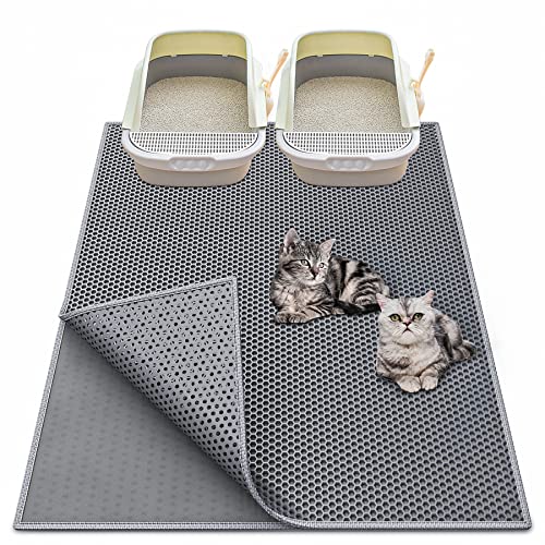 Waretary Cat Litter Mat 36'x 30', Kitty Pretty Litter Box Trapping Mat, Extra Large XL Honeycomb Double Scatter Control Layer Mat, Urine & Waterproof, Washable, Easy Clean, Phthalate Free, Grey