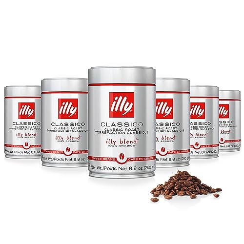 illy Whole Bean Coffee - Perfectly Roasted Whole Coffee Beans – Classico Medium Roast - with Notes of Caramel, Orange Blossom & Jasmine - 100% Arabica Coffee - No Preservatives – 8.8 Ounce, 6 Pack