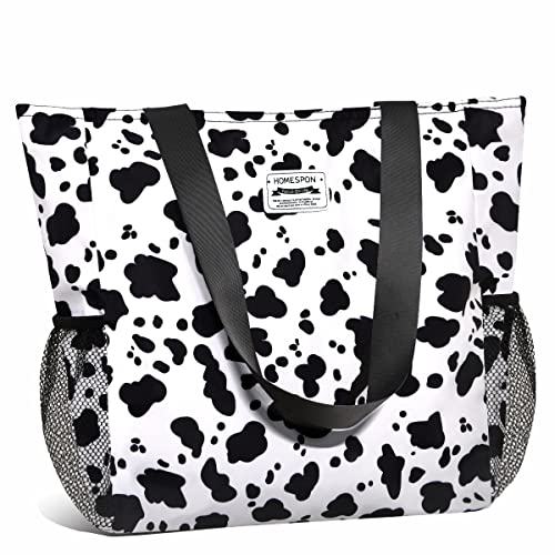 Large Waterproof Beach Bag for Women Sandproof Tote Bag with Zipper and Pockets Pool Bag for Travel Gym Vacation (Cow Print)