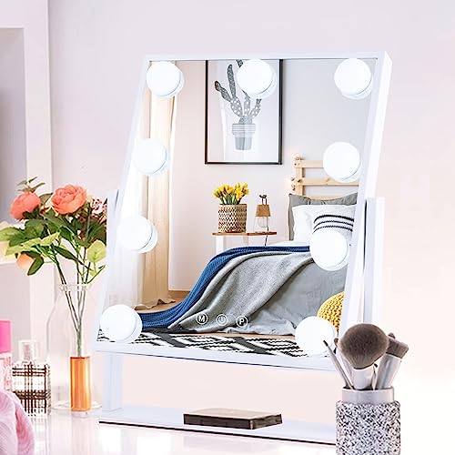 TOPMILO Lighted Makeup Mirror, Vanity Mirror with Lights, Hollywood Vanity Mirror with 9 Dimmable Bulbs Lights, 3 Lighting Modes, Detachable 10X Magnification Mirror, Smart Touch Control, 360°Rotation