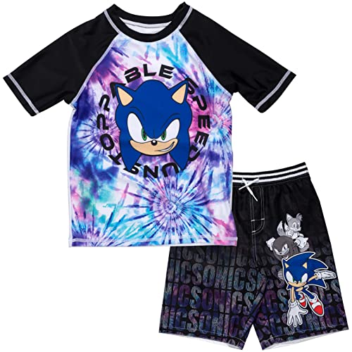 SEGA Knuckles Sonic The Hedgehog Tails Little Boys Rash Guard and Swim Trunks Outfit Set Black/Purple 4